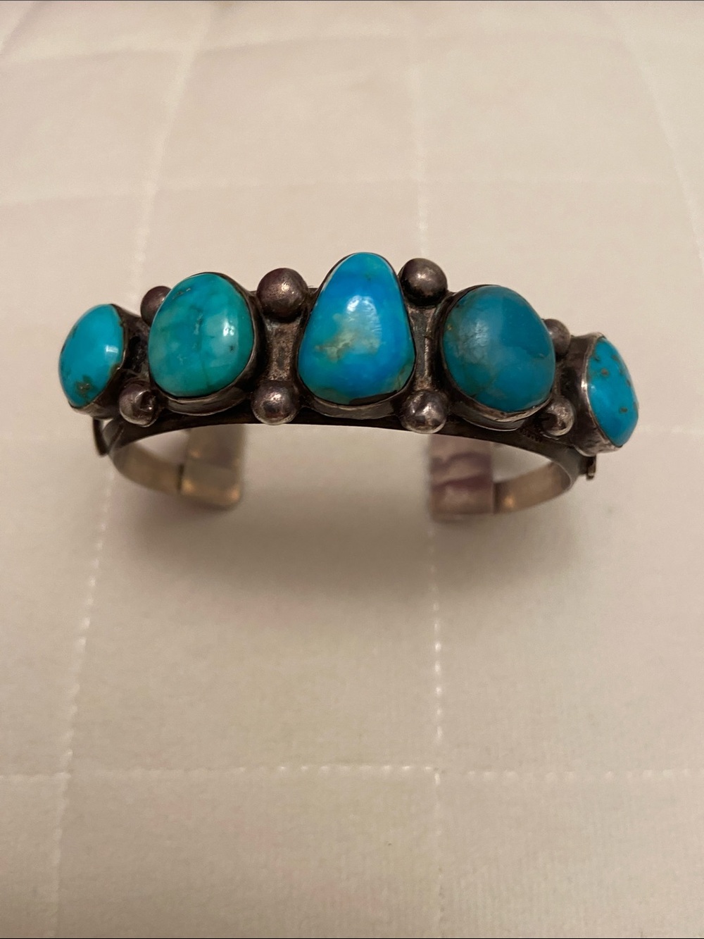 Vintage Old Pawn Navajo Sterling Silver 5 Stone Turquoise Row Cuff Bracelet